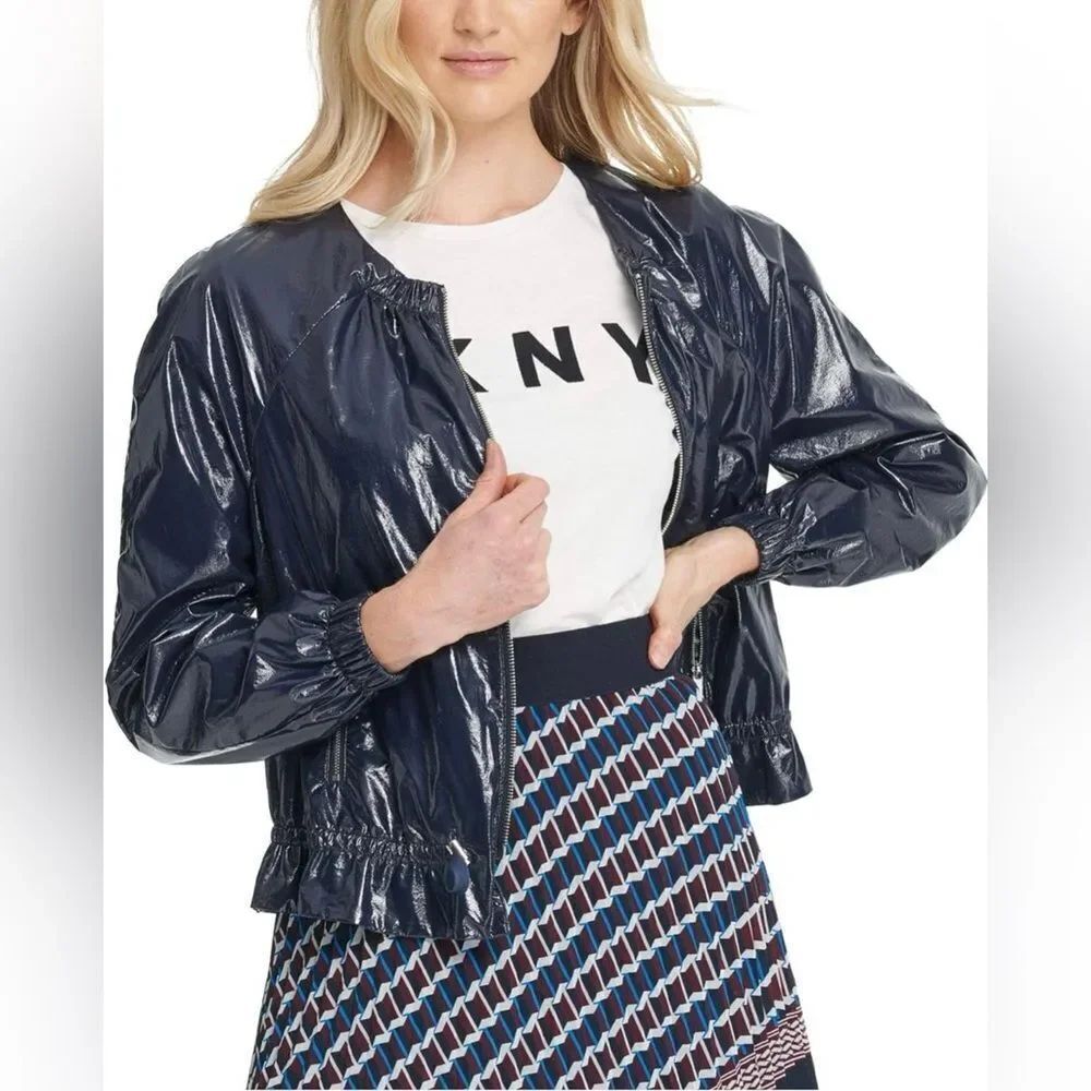 DKNY Shiny faux patent leather lightweight Navy Bomber Jacket, S - Picture 2 of 11